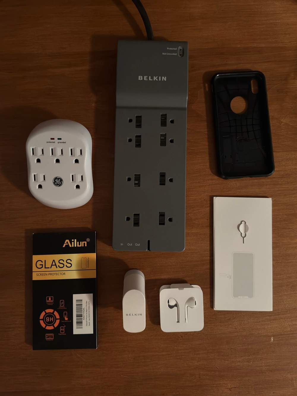 BELKIN POWER STRIP, GE WALL POWER, BELKIN USB HUBS, APPLE EARBUDS